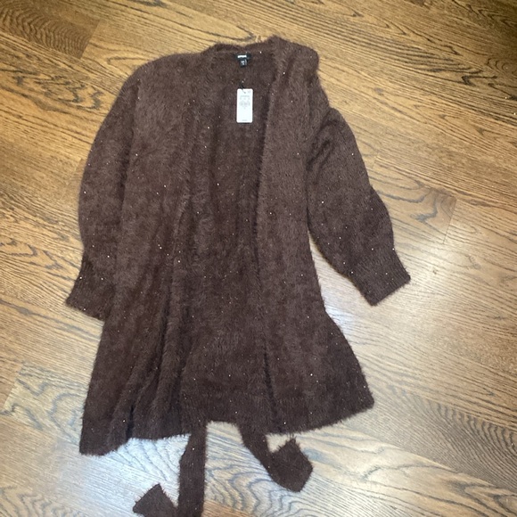 Express NWT Brown Angora Like with tiny Brown Sequins Cardigan Sweater size Med - Picture 5 of 10